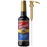 Torani bottle front packaging showing Chocolate Milano and pump for quick flavoring