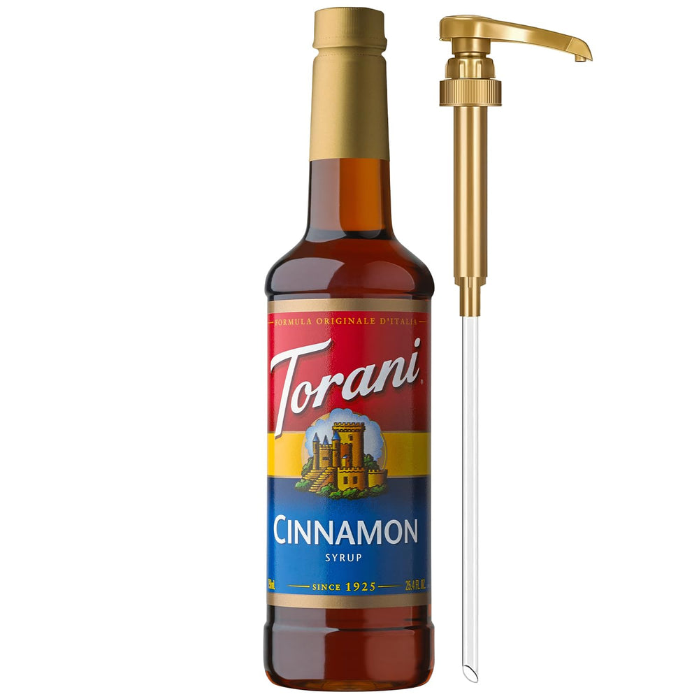 Torani front packaging showing cinnamon syrup and pump for easy serving