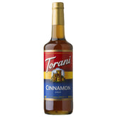 Torani cinnamon syrup front label showing brand and bottle, highlights easy identification