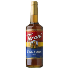 Torani cinnamon syrup front label showing brand and bottle, highlights easy identification