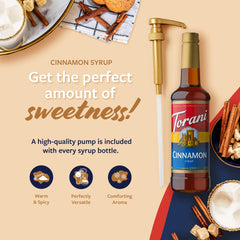 Torani syrup pouring texture highlighting smooth cinnamon flavor