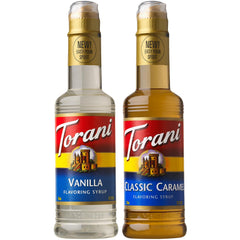 Torani front packaging showing both caramel and vanilla bottles and brand appeal