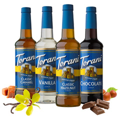 Torani Classic Caramel bottle label closeup highlighting brand and rich caramel aroma