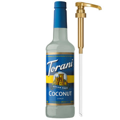 Torani bottle front packaging showing coconut flavor and pump for easy dosing