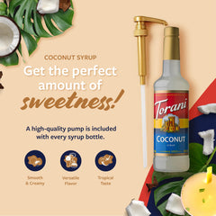 Torani coconut pouring into iced coffee to add creamy flavor and smooth sweetness