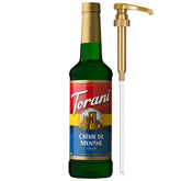 Torani bottle front view showing label and pump, highlights brand usability