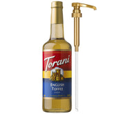 Torani English Toffee front bottle showing label and pump for easy dosing