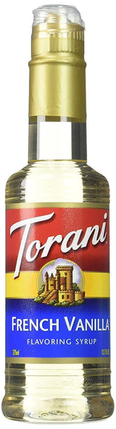 Torani bottle front packaging showing label and volume for consistent flavor