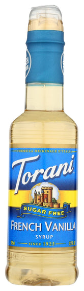 Torani sugar free french vanilla front packaging shows clear label and portion control