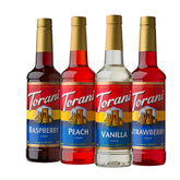 Torani front label showing variety pack and flavors, brand clarity and choice