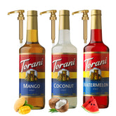 Torani three-bottle front view showing Coconut Mango Watermelon trio and pumps for quick selection