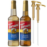 Torani front packaging showing Classic Caramel and French Vanilla bottles for flavor variety