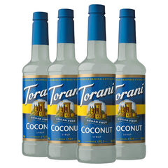 Torani bottle front shows coconut flavor and shelf-ready appeal
