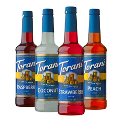 Torani front packaging showing four sugar free syrup bottles for versatile low-calorie drinks