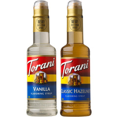 Torani front packaging showing both hazelnut and vanilla bottles and easy-pour benefit