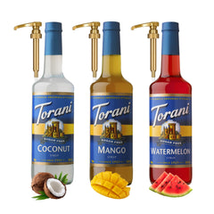 Torani front packaging trio showing mango coconut watermelon bottles and convenience