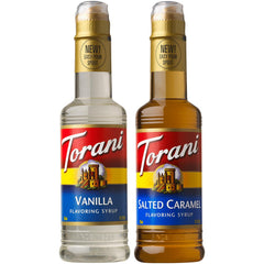 Torani front packaging showing both bottles and easy pour spouts for neat serving