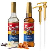 Torani front packaging showing both vanilla and caramel bottles for flavor variety