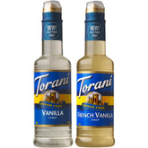 Torani front packaging showing both sugar-free vanilla bottles and gifting benefit