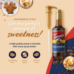Torani gingerbread bottle beside cup showing size and serving scale