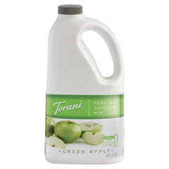 Torani bottle front label showing green apple flavor and convenient 64 fl oz size benefit