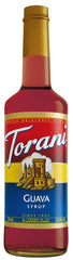 Torani guava syrup front label showing bottle and tropical flavor, ideal for cocktails