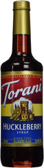 Torani huckleberry 750ml front packaging showing bottle and label with bright berry flavor
