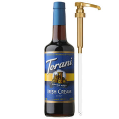 Torani sugar free Irish Cream front bottle shot showing label and pump for clear identification and convenience