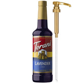 Torani bottle front view showing lavender flavor and pump for easy pouring