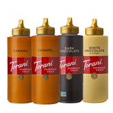 Torani pack front view showing four Puremade sauce bottles and labels for easy selection
