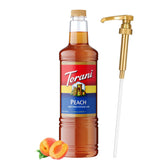 Torani bottle front view showing peach syrup and clear branding for quick identification