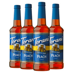 Torani bottle front view showing peach flavor and label for easy identification