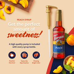 Torani peach bottle next to a glass to show 750 ml scale and convenience