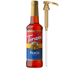 Torani peach front packaging showing bottle and pump for consistent servings