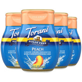 Torani front packaging showing four peach enhancer bottles and clear labeling benefit portability