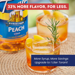 Torani syrup pouring into iced tea adding bright peach flavor with no sugar