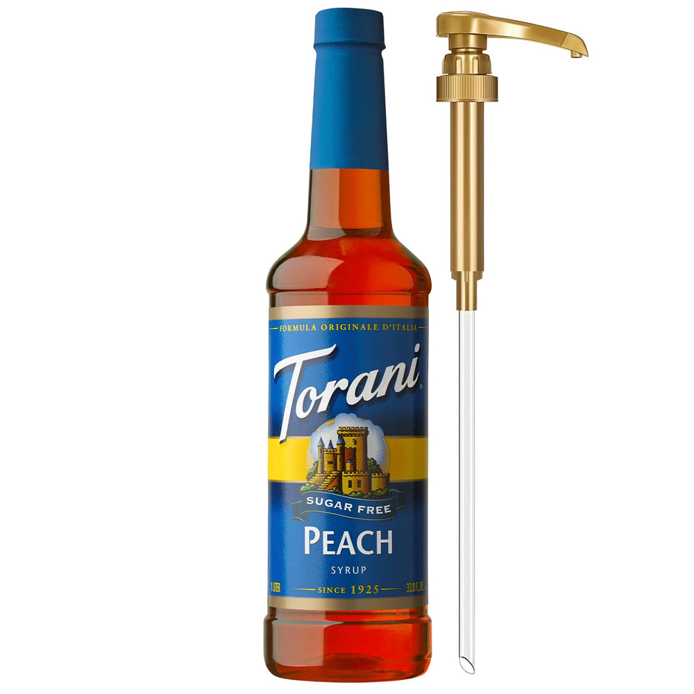Torani bottle front view showing peach syrup and pump for quick flavoring
