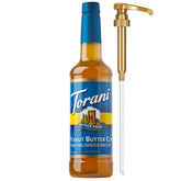 Torani bottle front view showing peanut butter cup flavor and convenient pump benefit
