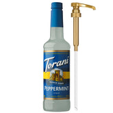 Torani peppermint front packaging shows bottle and pump, highlighting convenience