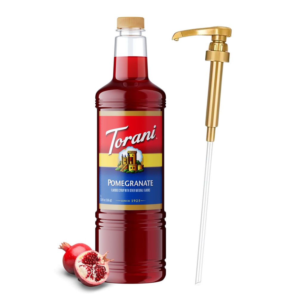Torani bottle front view showing pomegranate syrup and easy-pour pump benefit