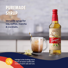 Torani syrup pouring into coffee illustrating quick mixing benefit