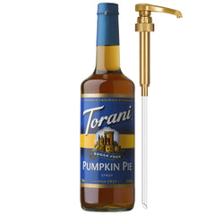 Torani sugar free pumpkin pie glass bottle front view showing bottle and pump for easy pouring