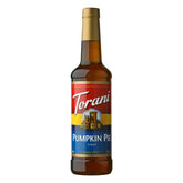Torani bottle front packaging showing pumpkin pie flavor and benefits