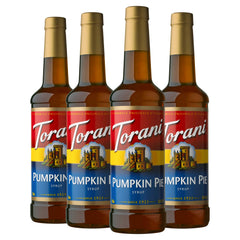Torani pumpkin pie front packaging showing bottle and 4-pack convenience