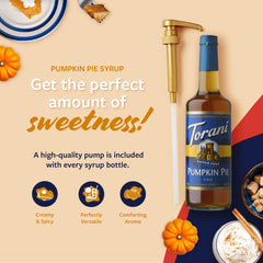 Label close-up on Torani Pumpkin Pie syrup showing branding and zero calorie benefit