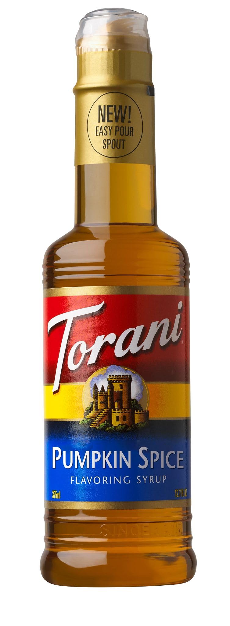 Torani bottle front view showing label and convenient seasonal flavor for coffee