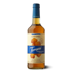 Torani Puremade caramel front packaging showing bottle and label, clear branding and clean look