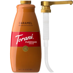 Torani bottle front label showing brand and caramel flavor for clear identification