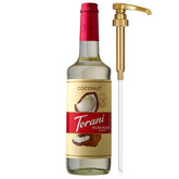 Torani bottle front view showing coconut flavor and serving pump benefit