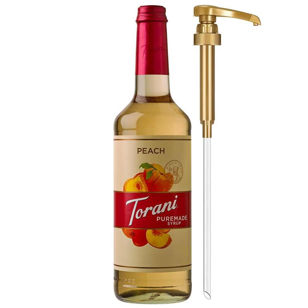 Torani Puremade peach front packaging showing bottle and label benefits
